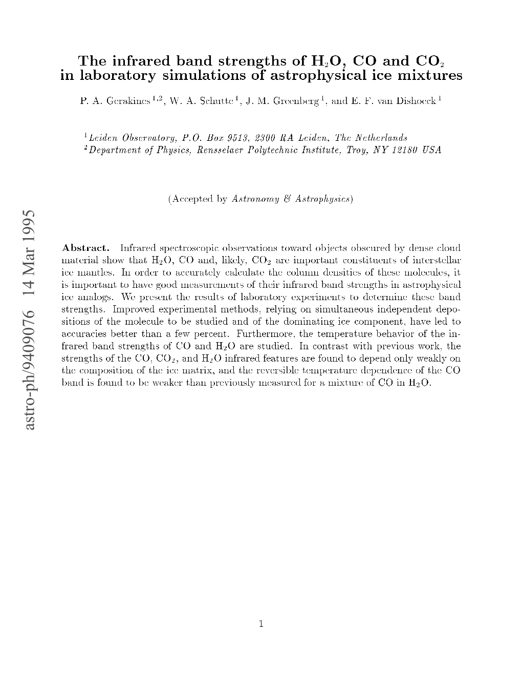 The Infrared Band Strengths of H2O, CO and CO2 in Laboratory