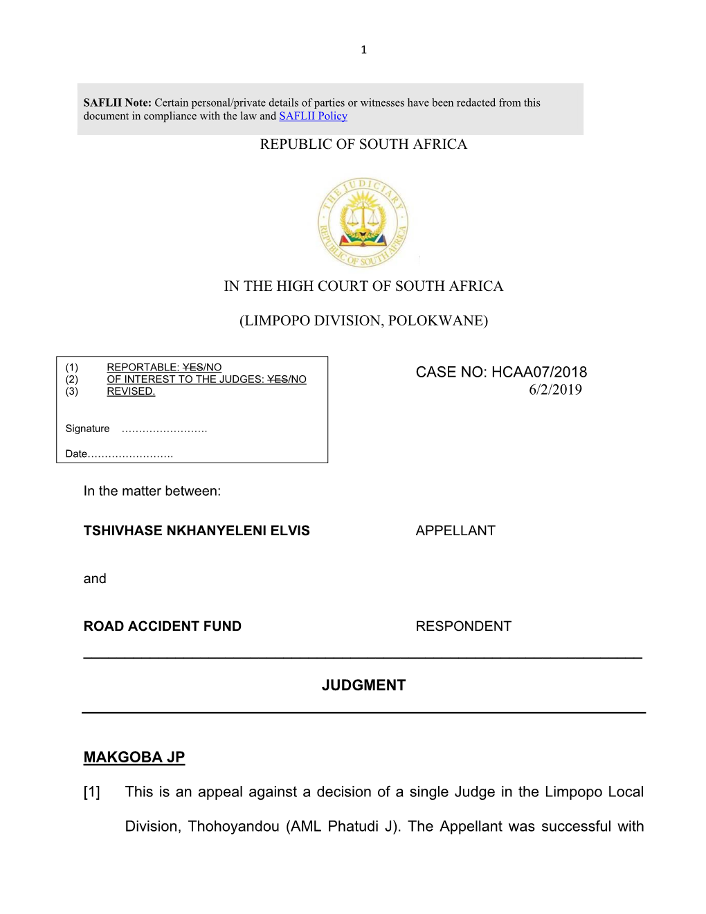 (Limpopo Division, Polokwane) Case No: Hcaa07/2018 6/2/2019