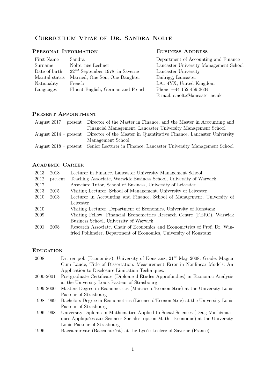 Curriculum Vitae of Dr. Sandra Nolte