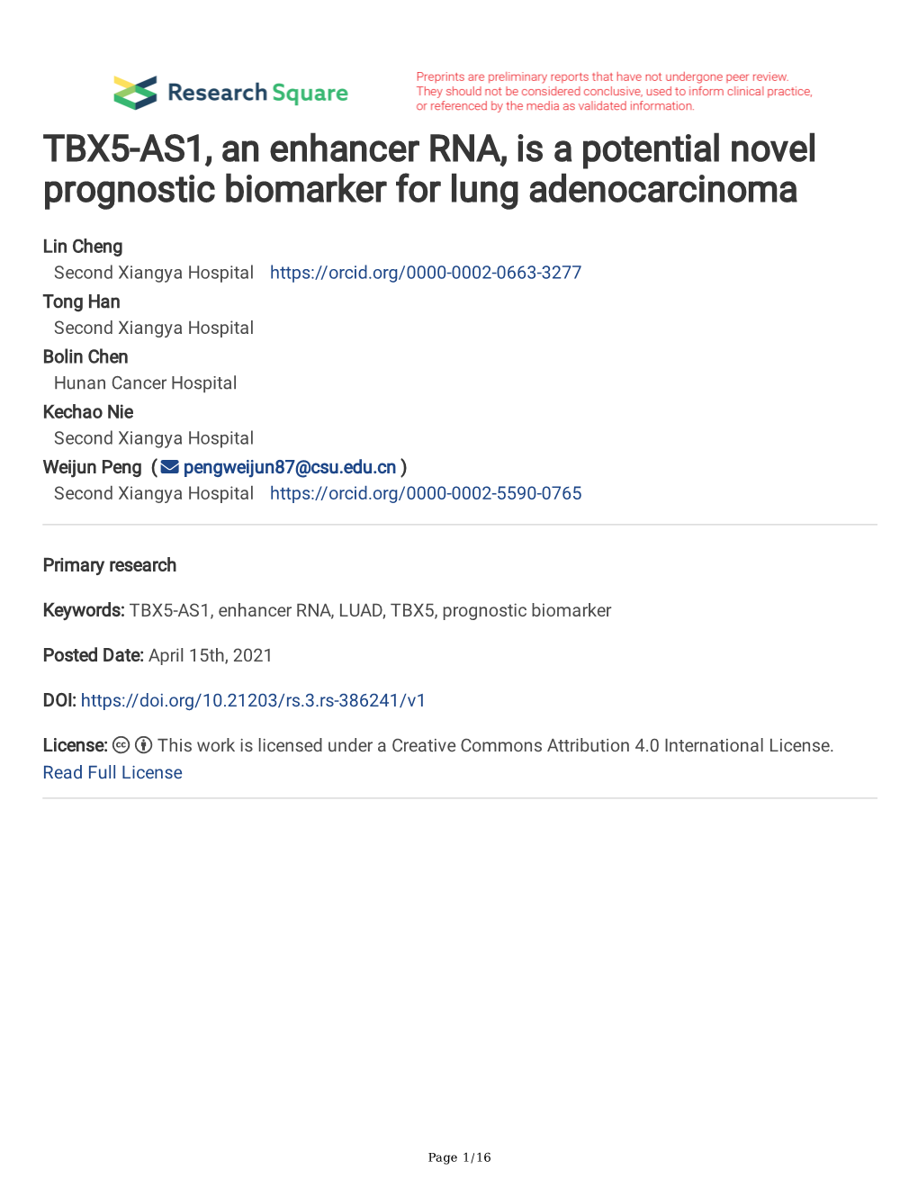 TBX5-AS1, an Enhancer RNA, Is a Potential Novel Prognostic Biomarker for Lung Adenocarcinoma