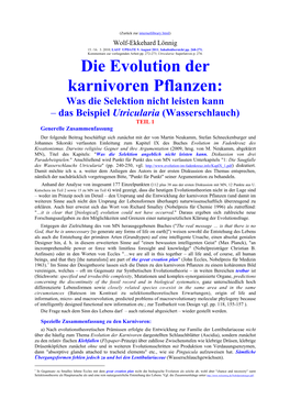 Die Evolution Der Karnivoren Pflanzen: Was Die Selektion Nicht Leisten Kann – Das Beispiel Utricularia (Wasserschlauch) TEIL 1 Generelle Zusammenfassung