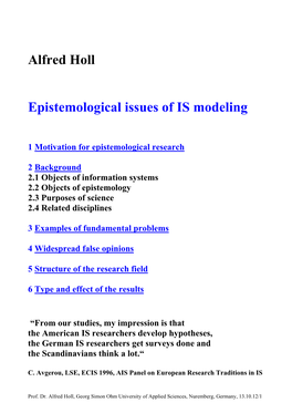 Alfred Holl Epistemological Issues of IS Modeling