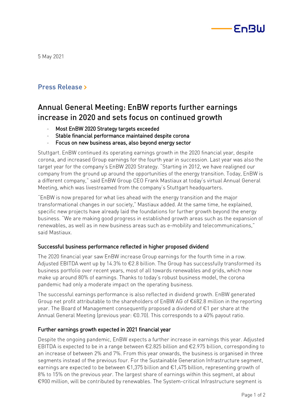 Enbw Reports Further Earnings Increase in 2020 and Sets Focus On