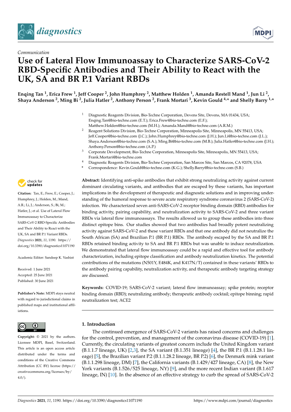 Use of Lateral Flow Immunoassay to Characterize SARS-Cov-2 RBD-Speciﬁc Antibodies and Their Ability to React with the UK, SA and BR P.1 Variant Rbds
