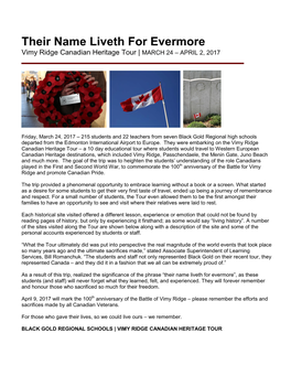Their Name Liveth for Evermore Vimy Ridge Canadian Heritage Tour | MARCH 24 – APRIL 2, 2017