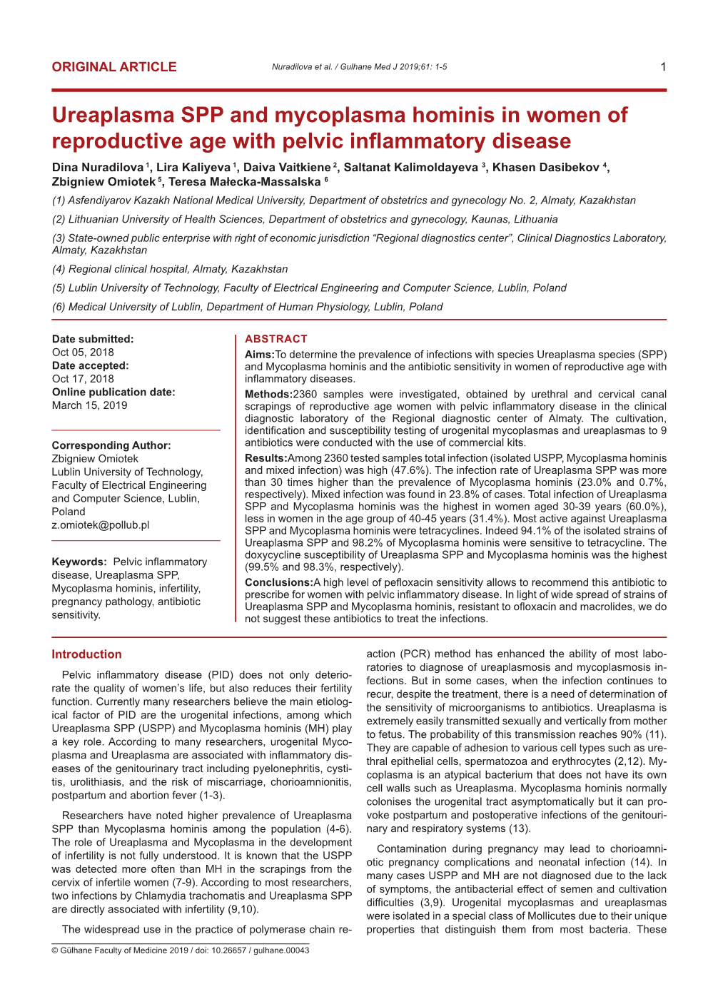 Ureaplasma SPP and Mycoplasma Hominis in Women of Reproductive