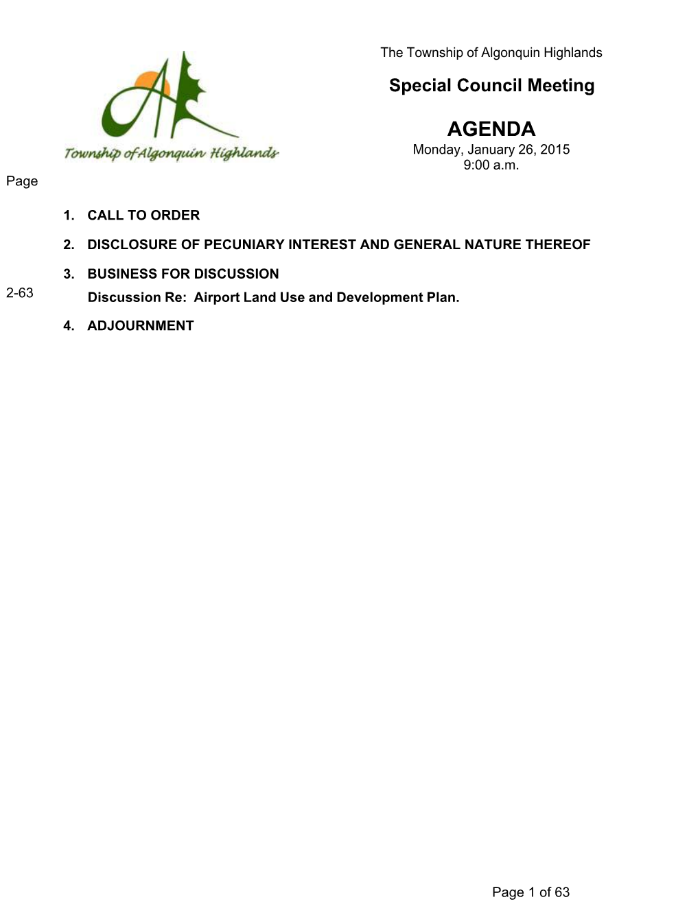 AGENDA Monday, January 26, 2015 9:00 A.M