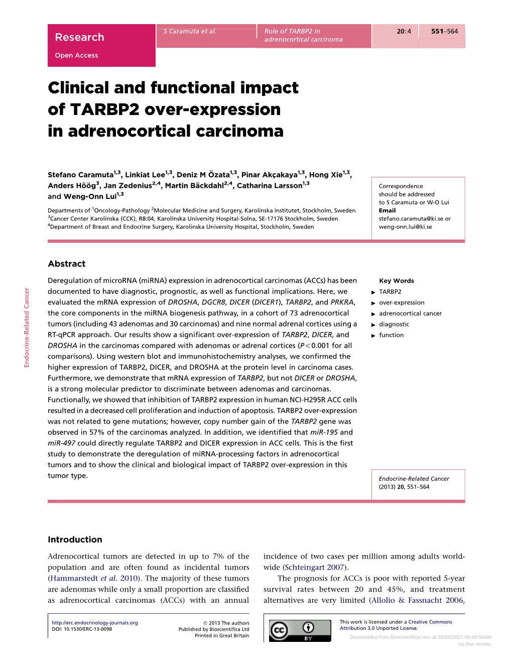 Clinical and Functional Impact of TARBP2 Over-Expression in Adrenocortical Carcinoma