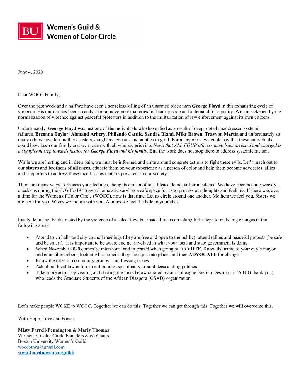 June 4, 2020 Dear WOCC Family, Over the Past Week and a Half We Have Seen a Senseless Killing of an Unarmed Black Man George