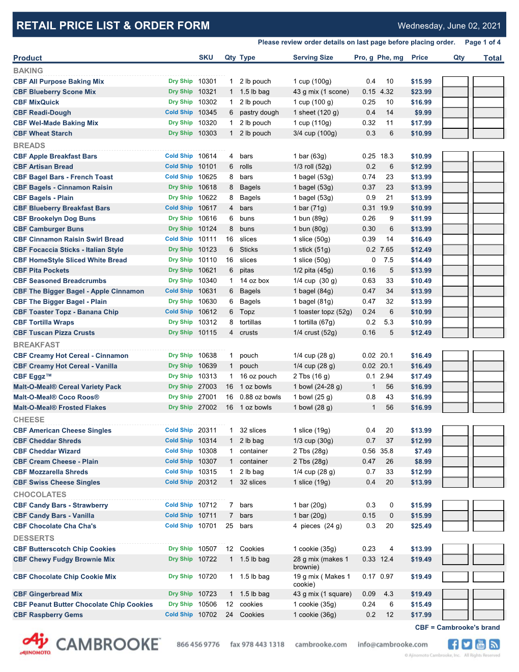 Retail Price List & Order Form