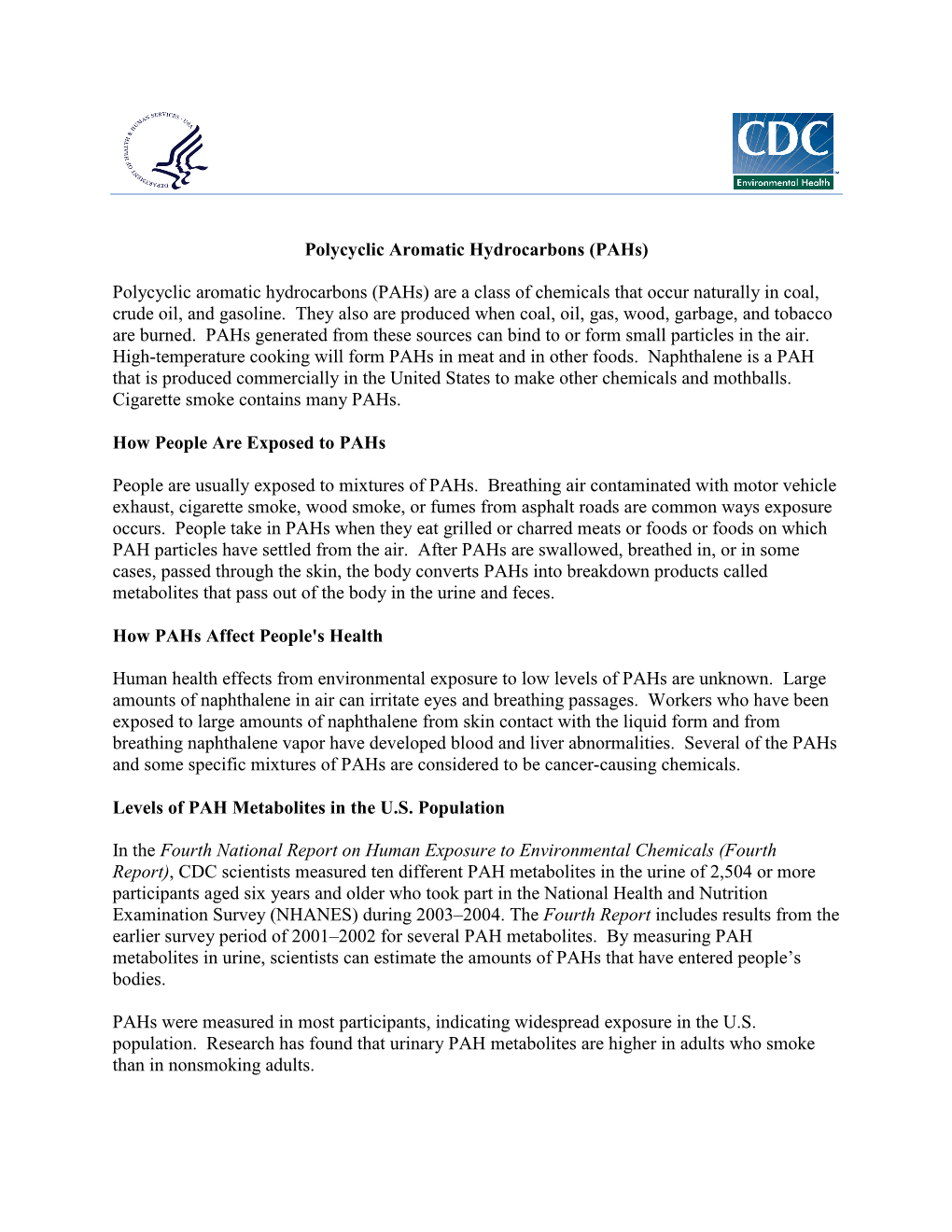 Polycyclic Aromatic Hydrocarbons (Pahs) Fact Sheet