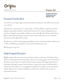 Origins Press Kit – Printed 8/25/2011 Page 1 of 8 Brief Description