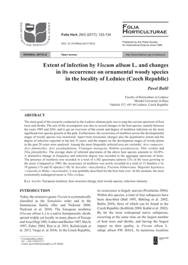 Extent of Infection by Viscum Album L. and Changes in Its Occurrence on Ornamental Woody Species in the Locality of Lednice (Czech Republic) Pavel Bulíř