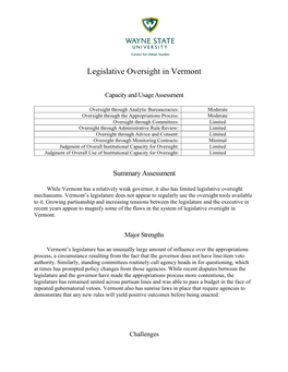 Legislative Oversight in Vermont