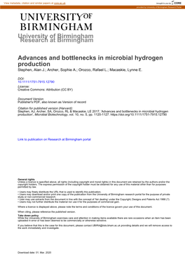Advances and Bottlenecks in Microbial Hydrogen Production Stephen, Alan J.; Archer, Sophie A.; Orozco, Rafael L.; Macaskie, Lynne E