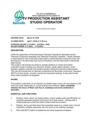Tv Production Assistant Studio Operator