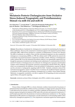 Melatonin Protects Cholangiocytes from Oxidative Stress-Induced Proapoptotic and Proinﬂammatory Stimuli Via Mir-132 and Mir-34