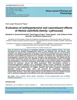 Evaluation of Antihypertensive and Vasorelaxant Effects of Heimia Salicifolia (Family: Lythraceae)