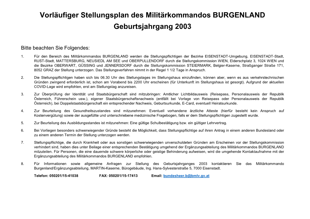 Vorläufiger Stellungsplan Burgenland