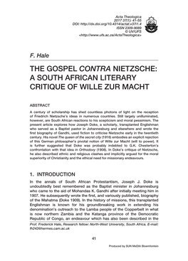 The Gospel Contra Nietzsche: a South African Literary Critique of Wille Zur Macht