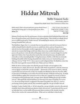 Hiddur Mitzvah Rabbi Yonason Sacks Rosh Yeshiva, RIETS Adapted from Rabbi Sacks' Yemei Temimim on Pirkei Avos