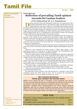Ift@Bluewin.Ch + Sri Lankan Presidential Elections and the Future of Tamils Pg.12 - Dateline: 15Th Dec