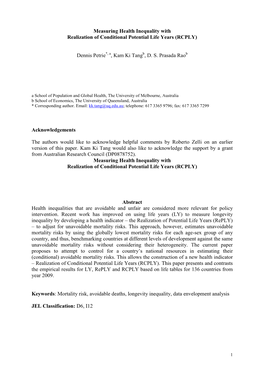 Measuring Health Inequality with Realization of Conditional Potential Life Years (RCPLY)