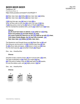 BEER BEER BEER Key of D 100 BPM in 4/4 Traditional, UK First Sung Note: D