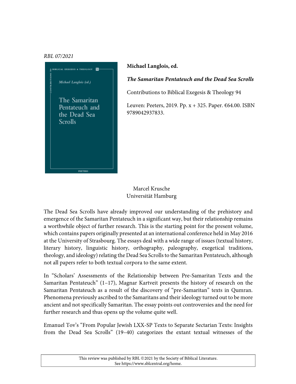 RBL 07/2021 Michael Langlois, Ed. the Samaritan Pentateuch And