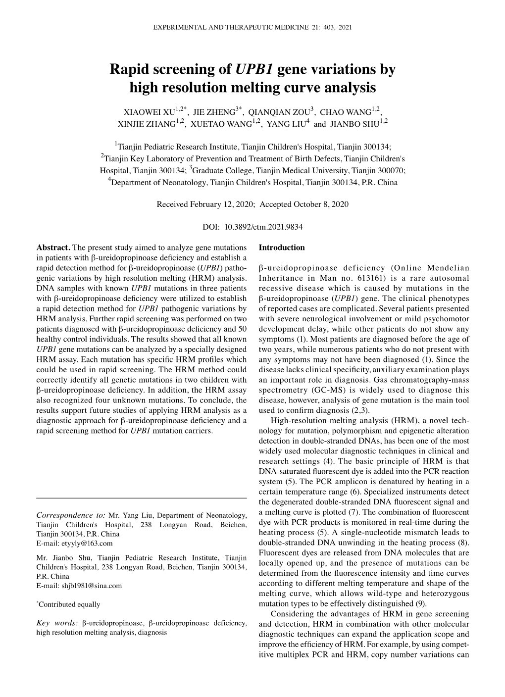 Rapid Screening of UPB1 Gene Variations by High Resolution Melting Curve Analysis