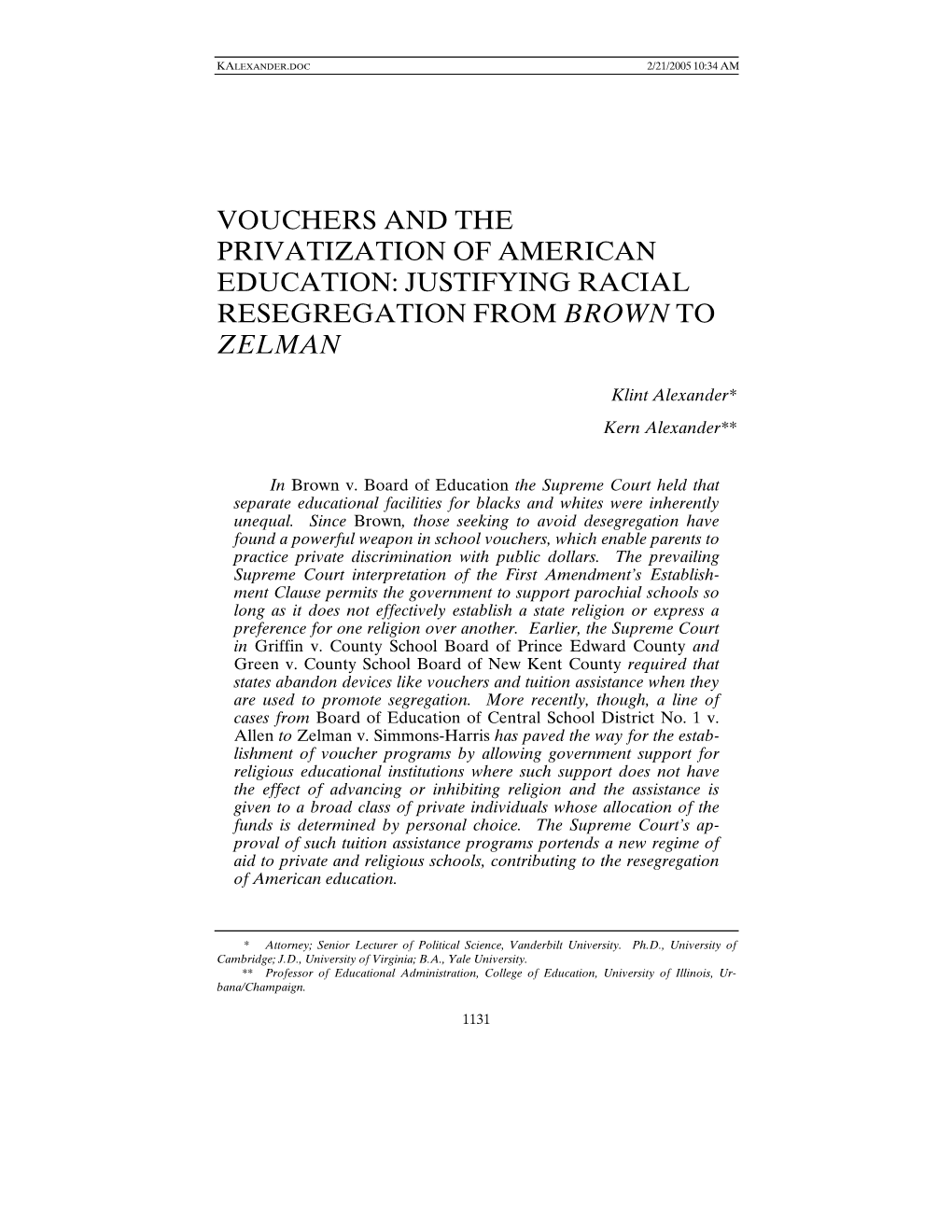Vouchers and the Privatization of American Education: Justifying Racial Resegregation from Brown to Zelman