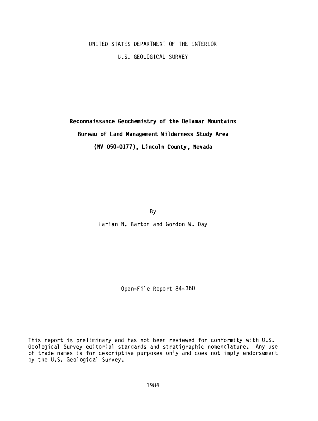 Reconnaissance Geochemistry of the Delamar Mountains Bureau of Land