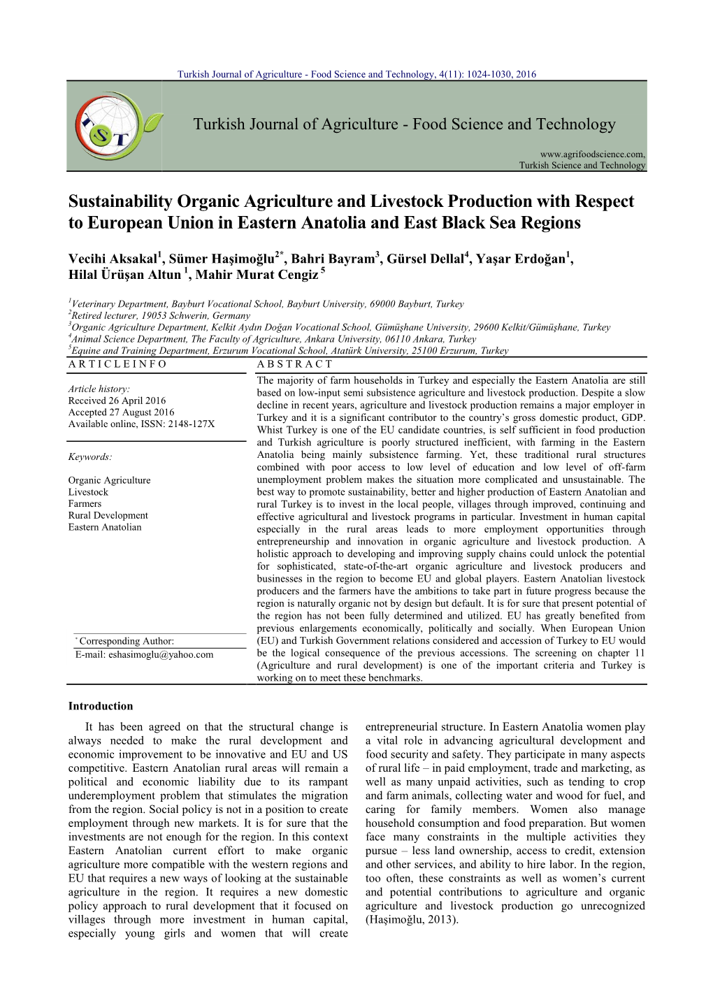 Sustainability Organic Agriculture and Livestock Production with Respect to European Union in Eastern Anatolia and East Black Sea Regions