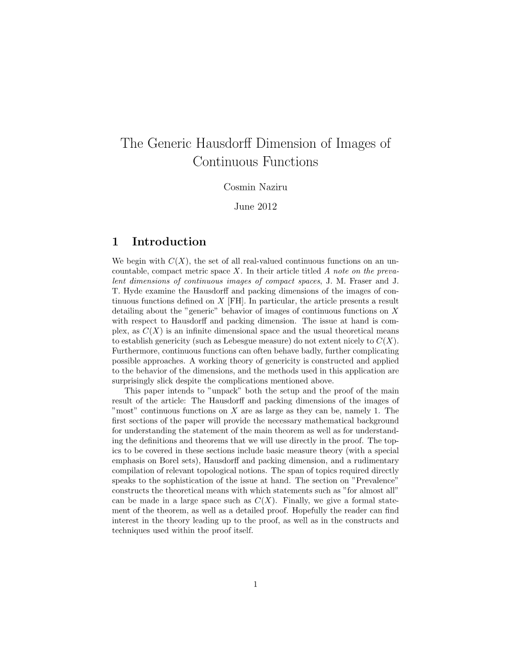 The Generic Hausdorff Dimension of Images of Continuous Functions