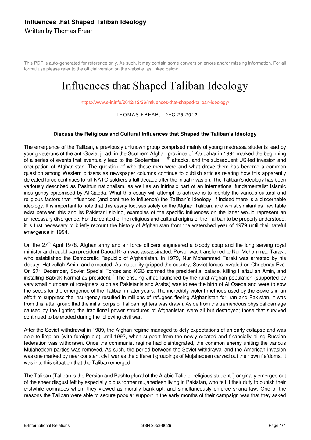 Influences That Shaped Taliban Ideology Written by Thomas Frear