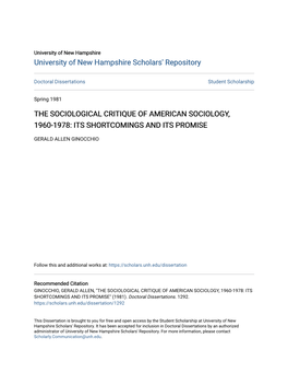 The Sociological Critique of American Sociology, 1960-1978: Its Shortcomings and Its Promise