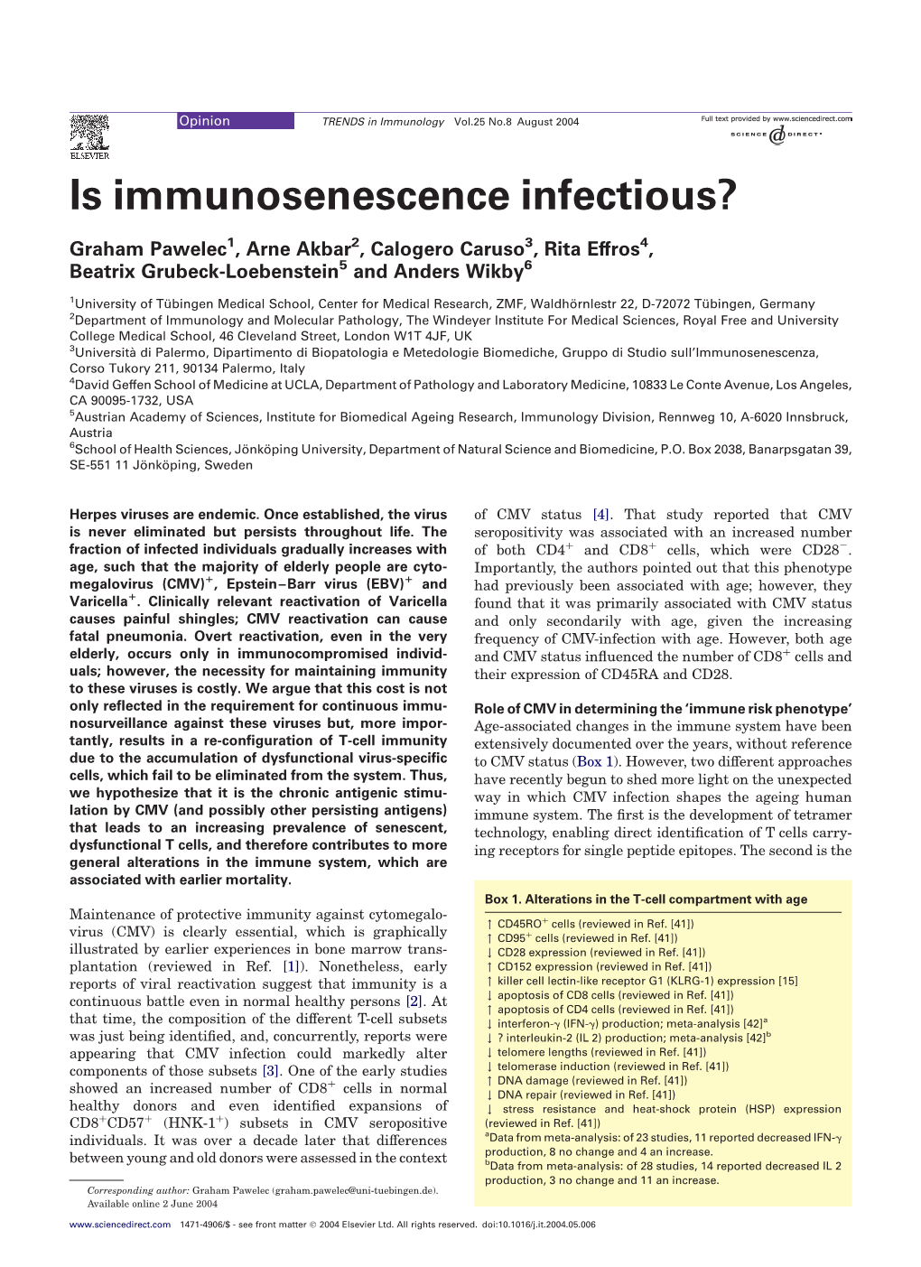 Is Immunosenescence Infectious?