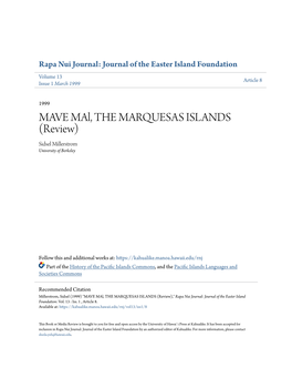 MAVE Mal, the MARQUESAS ISLANDS (Review) Sidsel Millerstrom University of Berkeley