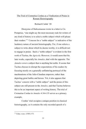 The Trial of Cremutius Cordus As a Vindication of Praise in Roman Historiography