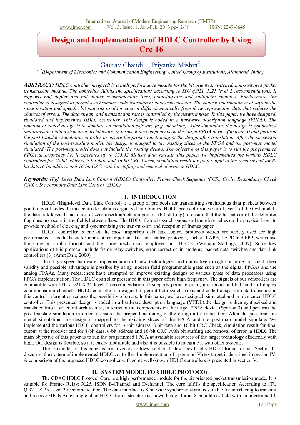 Design and Implementation of HDLC Controller by Using Crc-16