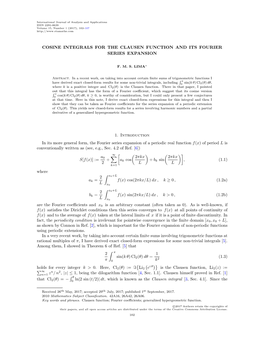 Cosine Integrals for the Clausen Function and Its Fourier Series Expansion