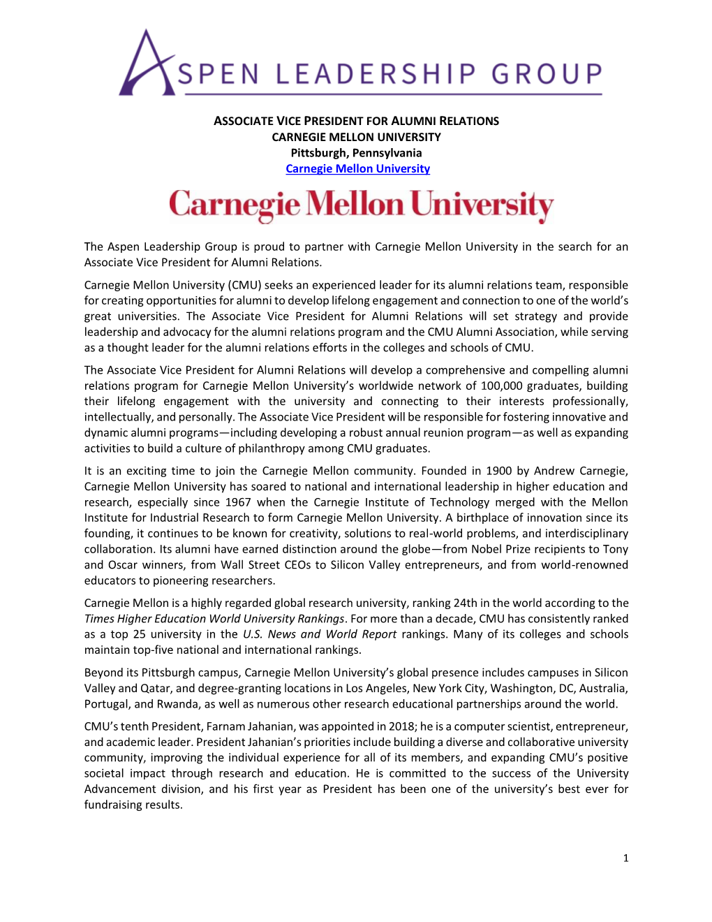 ASSOCIATE VICE PRESIDENT for ALUMNI RELATIONS CARNEGIE MELLON UNIVERSITY Pittsburgh, Pennsylvania Carnegie Mellon University