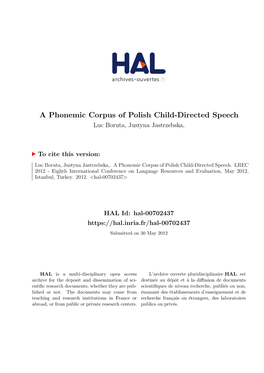 A Phonemic Corpus of Polish Child-Directed Speech Luc Boruta, Justyna Jastrzebska