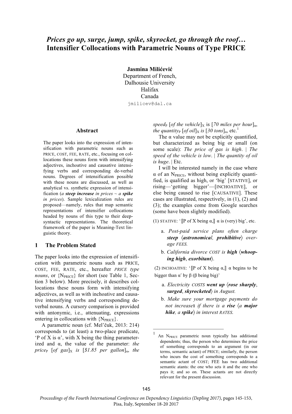 Intensifier Collocations with Parametric Nouns of Type PRICE