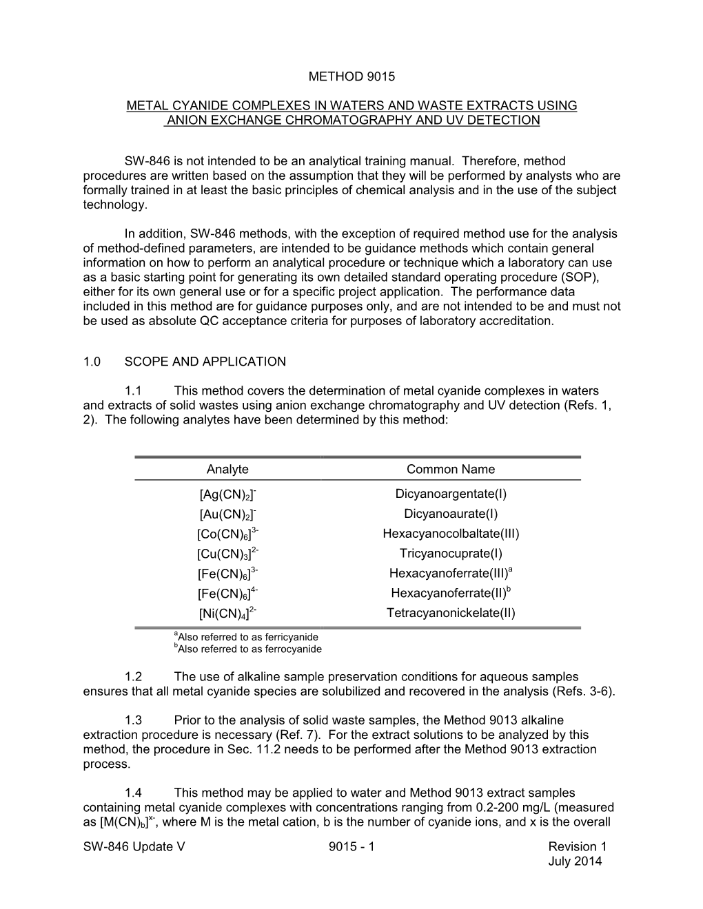 Method 9015: Metal Cyanide Complexes in Waters and Waste