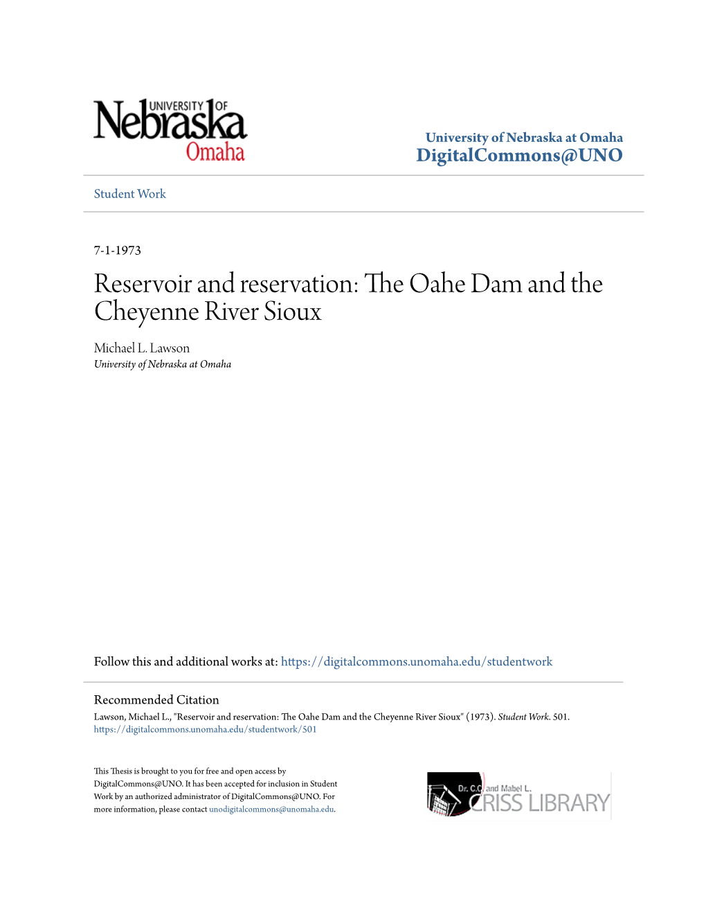 Reservoir and Reservation: the Oahe Dam and the Cheyenne River Sioux
