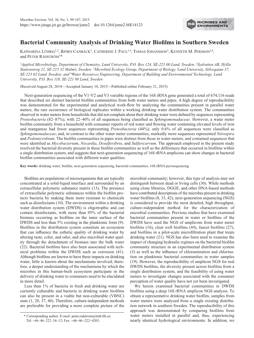 Bacterial Community Analysis of Drinking Water Biofilms in Southern Sweden