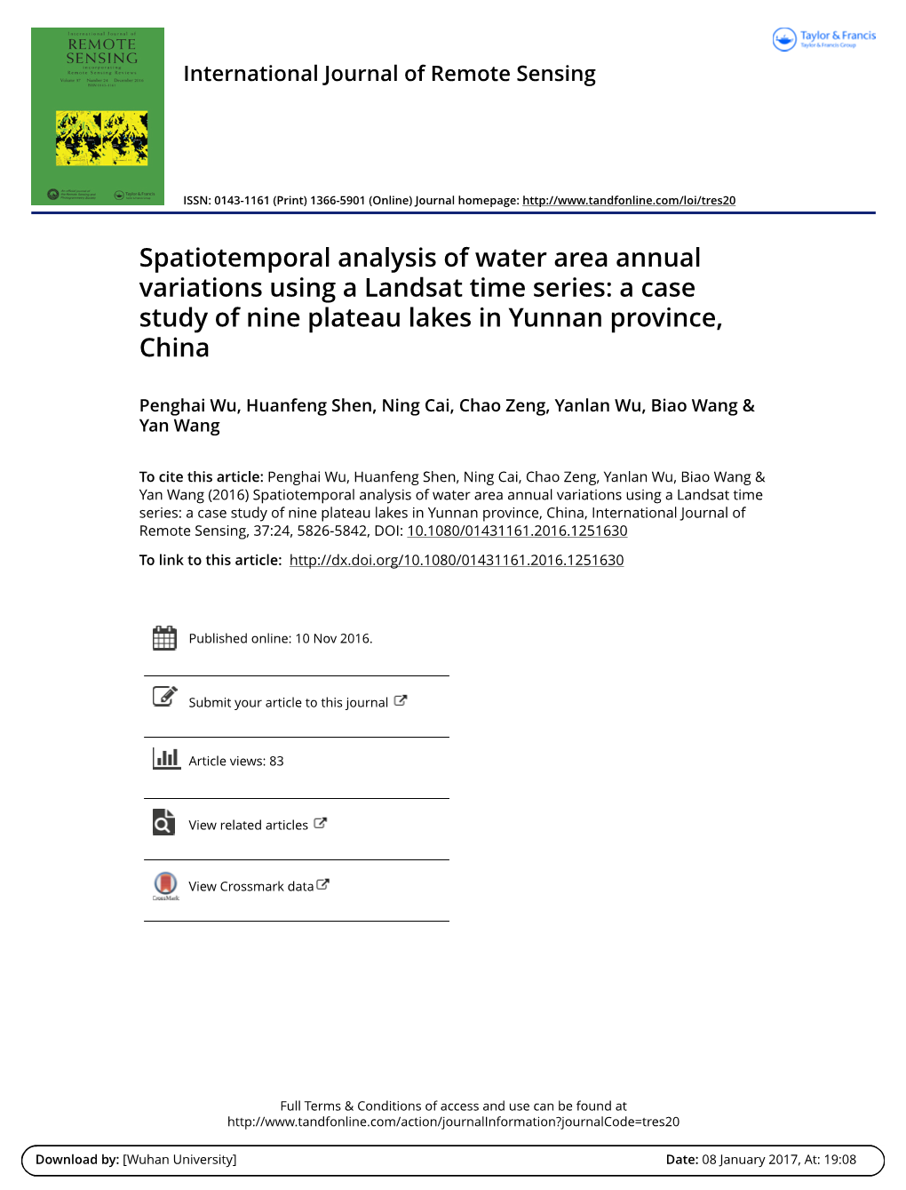 Spatiotemporal Analysis of Water Area Annual Variations Using a Landsat Time Series: a Case Study of Nine Plateau Lakes in Yunnan Province, China