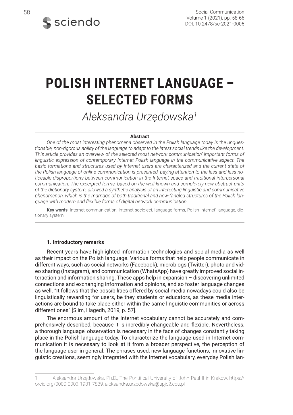 POLISH INTERNET LANGUAGE – SELECTED FORMS Aleksandra Urzędowska1