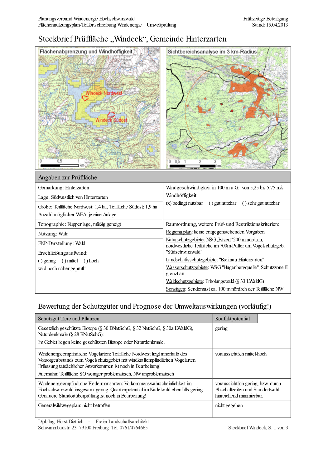 Steckbrief Prüffläche „Windeck“, Gemeinde Hinterzarten